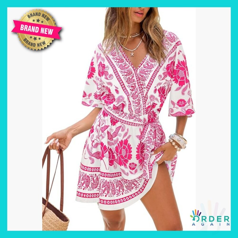 Boho Floral Mini Dress V Neck Tie Waist Casual Summer Beach Vacation Wear